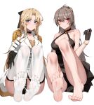  2girls absurdres azur_lane bare_legs bare_shoulders barefoot black_gloves blonde_hair blue_eyes brown_hair cum cum_on_body cum_on_feet dress feet foot_focus gloves gold_dress highres knees_up legs long_hair looking_at_viewer multiple_girls red_eyes see-through see-through_dress soles thighhighs toes vanguard_(azur_lane) white_thighhighs wsfw 