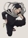  1boy black_pants black_shirt boku_no_hero_academia cattail eraser_head_(boku_no_hero_academia) facial_hair full_body grey_background grey_scarf hand_in_pocket highres male_focus messy_hair mustache on_one_knee pants plant rnuyvm sandals scar scar_on_face scarf scarf_grab shirt simple_background solo sparse_stubble toenails yellow_eyes 