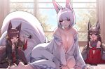  3girls :d ;o absurdres akagi-chan_(azur_lane) all_fours amagi-chan_(azur_lane) animal_ears azur_lane bare_shoulders bell bent_over between_legs black_kimono blue_eyes breasts brown_hair cleavage closed_eyes eyeshadow facing_viewer floral_print fox_ears fox_girl fox_tail hair_bell hair_ornament hair_ribbon half-closed_eye half-closed_eyes hand_between_legs happy highres indoors japanese_clothes kaga_(azur_lane) kimono kitsune kneeling large_breasts long_hair looking_at_another looking_back makeup medium_hair multiple_girls multiple_tails no_bra off_shoulder on_floor one_eye_closed playing purple_eyes red_eyeshadow red_kimono ribbon samip sitting sleepy slit_pupils smile tail teeth thighhighs toy_airplane twintails upper_teeth_only v_arms very_long_hair waking_up white_hair white_kimono white_ribbon wide_sleeves 