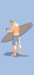  1boy ass ass_peek back bara blue_background blue_male_swimwear character_doll doll facial_hair highres holding holding_doll holding_surfboard male_focus male_swimwear muscular muscular_male nickiecharles original ryu_(street_fighter) short_hair simple_background solo street_fighter surfboard very_short_hair 