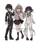  1girl 2boys :d akamatsu_kaede black_footwear black_hair black_headwear black_pants blonde_hair button_eyes buttons checkered_clothes checkered_scarf criis-chan crossover danganronpa_(series) danganronpa_v3:_killing_harmony double-breasted flipped_hair full_body hair_between_eyes identity_v jacket long_hair long_sleeves looking_at_viewer medium_hair multicolored_hair multiple_boys oma_kokichi open_mouth pants purple_eyes purple_hair saihara_shuichi scarf short_hair smile standing straitjacket striped striped_jacket striped_pants teeth two-tone_hair upper_teeth_only white_jacket 