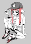  1girl baseball_cap bike_shorts cup hat holding holding_cup inkling inkling_girl on_floor open_mouth pointy_ears sharp_teeth shoes simple_background sitting sneakers splatoon_(series) spread_legs teeth yousuke_(yosk) 