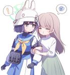  ! 2girls animal_ears animal_ears_helmet belt_pouch black_gloves blue_archive blue_eyes blue_sailor_collar blue_shirt blue_skirt blush closed_eyes closed_mouth combat_helmet commentary fake_animal_ears female_sensei_(blue_archive) gloves grabbing_another&#039;s_arm green_skirt grey_hair halo hard_hat helmet highres hyakucha long_hair long_sleeves looking_at_another multicolored_clothes multicolored_skirt multiple_girls neckerchief pleated_skirt pouch pout purple_hair rabbit_ears raglan_sleeves sailor_collar saki_(blue_archive) school_uniform sensei_(blue_archive) serafuku shirt short_hair simple_background skirt sleeves_rolled_up spoken_exclamation_mark spoken_squiggle squiggle tactical_clothes turtleneck upper_body white_background white_headwear white_shirt yellow_halo yellow_neckerchief 