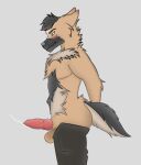  anthro azar(azarskittles) azarskittles balls blush bodily_fluids bottomwear bottomwear_down butt canid canine canis clothed clothing cum erection felid fur genital_fluids genitals hi_res knot male mammal nude pants pants_down partially_clothed penis simple_background solo 