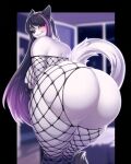  anthro beauty_mark big_breasts big_butt blurred_background blush breasts butt curvaceous curvy_figure domestic_cat felid feline felis female fishnet fishnet_clothing hair hi_res huge_butt knight_dd long_hair long_tail looking_at_viewer looking_back makeup mammal multicolored_body multicolored_hair nipple_tape pasties rear_view smile solo standing tail tape thick_thighs two_tone_body two_tone_tail voluptuous white_body 
