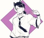  1boy animal_ears belt belt_buckle black_hair bracelet buckle collared_shirt fingernails fugampiyo greyscale hair_ribbon hand_up highres holding holding_ribbon holostars jackal_boy jackal_ears jewelry kageyama_shien looking_at_viewer low_ponytail male_focus medium_hair monochrome multicolored_hair necktie official_alternate_costume open_collar pink_ribbon purple_background ribbon sharp_fingernails shirt short_sleeves smile solo spot_color swept_bangs two-tone_background two-tone_hair upper_body virtual_youtuber watch white_background white_hair wristwatch yellow_eyes 