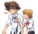  1boy 1girl black_skirt blush brown_eyes brown_hair closed_eyes digimon digimon_adventure_tri. gelato_ss1 goggles goggles_around_neck happy orange_hair red_ribbon ribbon school_uniform short_hair simple_background skirt takenouchi_sora yagami_taichi 