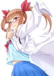  1girl blue_shirt blue_skirt blunt_bangs blurry blush bow bowtie brown_eyes brown_hair cowboy_shot dressing from_side glasses hair_bow hair_ribbon hands_up idolmaster idolmaster_cinderella_girls idolmaster_cinderella_girls_starlight_stage ikebukuro_akiha lab_coat long_hair long_sleeves looking_at_viewer midriff_peek miri_(ago550421) open_mouth outstretched_arm pen_in_pocket pink-framed_eyewear pleated_skirt red_bow red_bowtie red_ribbon ribbon school_uniform semi-rimless_eyewear serafuku shirt signature simple_background skirt sleeves_past_fingers sleeves_past_wrists smile solo standing twintails under-rim_eyewear white_background 