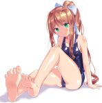  1girl arm_support bare_legs bare_shoulders barefoot blue_one-piece_swimsuit blush bow breasts brown_hair closed_mouth doki_doki_literature_club feet foot_focus green_eyes hair_between_eyes hair_bow hand_on_own_knee head_tilt high_ponytail highres long_hair monika_(doki_doki_literature_club) naka_(cheeseyeast) one-piece_swimsuit photoshop_(medium) ponytail school_swimsuit small_breasts smile soles solo swimsuit toenails toes very_long_hair wet white_background white_bow 