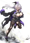  1girl absurdres ahoge apc9k_(girls&#039;_frontline) ball_gag bdsm black_pantyhose bondage bound breasts breasts_out cleavage commission flower full_body gag girls&#039;_frontline grey_hair hair_flower hair_ornament harness highres jacket jacket_on_shoulders long_hair nipples pantyhose ray_(pixiv9514208) restrained running second-party_source smoke solo thighband_pantyhose torn_clothes torn_jacket torn_pantyhose 