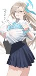  1girl absurdres asuna_(blue_archive) bag black_choker blue_archive blue_eyes bra bra_removed breasts choker covered_nipples hair_ribbon hakujitsu_mamire halo highres huge_breasts light_brown_hair long_hair no_bra pleated_skirt ribbon school_uniform skirt solo underwear 