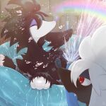  ^_^ alternate_color animal_focus black_hair closed_eyes commentary_request dog fang faucet furfrou furfrou_(natural) hose innertube long_hair mawari_yado_inori_ootori_maru mouth_hold no_humans open_mouth partially_submerged pokemon pokemon_(creature) profile rainbow shiny_pokemon sidelocks splashing water white_hair 