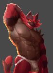  anthro armpit_hair bodily_fluids body_hair clothed clothing digital_media_(artwork) dripping felid fur generation_7_pokemon genital_fluids hi_res incineroar jockstrap jockstrap_only male mammal muscular muscular_anthro muscular_male musk nintendo nipples pantherine pokemon pokemon_(species) precum precum_drip red_body red_fur simple_background sirtoastybuns smile solo stripes teeth tiger topless underwear underwear_only 