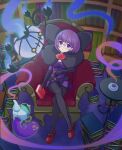  1girl blunt_bangs bob_cut book bow breasts chandelure crossed_legs dress elbow_gloves fire glasses gloves highres holding holding_book holding_pen large_bow large_breasts mary_janes on_chair pantyhose pen pleated_dress pleated_skirt pokemon pokemon_(creature) pokemon_(game) pokemon_bw polteageist purple_dress purple_eyes purple_fire purple_hair purple_skirt rimless_eyewear round_eyewear shauntal_(pokemon) shoes short_dress sitting skirt solo 