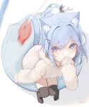  1girl absurdres animal_ear_fluff animal_ears animal_hood black_thighhighs blue_hair blurry blurry_foreground brown_hoodie cat_ears cat_girl cat_tail commentary covered_mouth depth_of_field drawstring fake_animal_ears foreshortening from_above hair_between_eyes hair_intakes hair_ornament hairclip hand_up highres hood hood_down hoodie looking_at_viewer looking_up mayogii no_shoes original purple_eyes signature sitting solo symbol-only_commentary tail thighhighs x_hair_ornament 