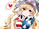  1girl american_flag_dress blonde_hair blue_dress blush chin closed_mouth clownpiece dress frilled_sleeves frills hand_up hat heart jester_cap long_hair looking_at_viewer multicolored_clothes multicolored_dress neck_ruff pointing pointing_at_self polka_dot_headwear pom_pom_(clothes) purple_headwear red_dress red_eyes short_sleeves smile speech_bubble spoken_heart star_(symbol) star_print striped striped_dress suzune_hapinesu touhou upper_body white_background white_dress 