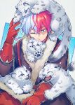  1boy animal boku_no_hero_academia cat commentary gloves highres kitten mecyo_(mamezurushiki) multicolored_hair one_eye_closed red_gloves red_hair snow_leopard symbol-only_commentary two-tone_hair white_hair 