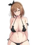  1girl absurdres atelier_(series) atelier_ryza bikini blush breasts brown_hair cleavage closed_mouth collarbone commentary_request cowboy_shot hair_between_eyes hair_ribbon highres large_breasts light_smile looking_at_viewer micro_bikini navel pinepine1212 reisalin_stout ribbon side-tie_bikini_bottom simple_background solo standing swimsuit thighhighs white_background wide_hips yellow_eyes 