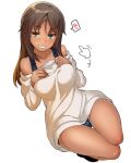  1girl alice_gear_aegis bangs blush breasts brown_hair dark-skinned_female dark_skin denim denim_shorts dress green_eyes hands_on_own_chest heart kaneshiya_sitara large_breasts long_hair looking_at_viewer short_shorts shorts simple_background smile solo spoken_heart sweater sweater_dress tsukinami_kousuke white_background white_sweater 