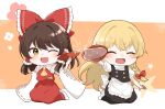  2girls absurdres apron black_dress blonde_hair bow breasts brown_hair chibi cup detached_sleeves dress hair_bow hakurei_reimu highres ikeyan0677 kirisame_marisa large_breasts long_sleeves multiple_girls nontraditional_miko orange_background red_bow red_skirt sakazuki shirt short_hair skirt smile star_(symbol) touhou white_apron white_background white_shirt 