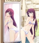  1girl absurdres bakemonogatari blue_eyes bra breasts commission hand_on_own_chin highres indoors long_hair looking_at_mirror looking_at_self medium_breasts mirror monogatari_(series) navel panties print_panties purple_hair reflection sayashi579 senjougahara_hitagi solo underwear underwear_only very_long_hair 