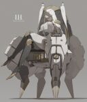  1girl android armor bare_shoulders breasts capelet crossed_legs grey_hair hair_over_one_eye high_heels highres hood hood_up hooded_capelet joints large_breasts long_hair looking_at_viewer original pauldrons robot_girl robot_joints shoulder_armor sitting solo tabard throne ub1mo white_capelet yellow_eyes 