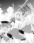  4girls animal_ears bag biten bottle bow clothes_around_waist commentary_request double_bun fang fox_ears greyscale hair_bow hair_bun highres hololive hot lion_ears lion_tail momosuzu_nene monochrome multiple_girls nepolabo omaru_polka parasol pleated_skirt school_bag school_uniform shishiro_botan skirt sweat tail umbrella utility_pole virtual_youtuber water_bottle yukihana_lamy 