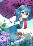  1girl blue_eyes blue_hair blue_skirt blue_vest breasts commentary_request cross-laced_clothes flower heterochromia holding holding_umbrella hydrangea juliet_sleeves karakasa_obake long_sleeves looking_at_viewer nekosugi_(hoshi) oil-paper_umbrella outdoors puffy_sleeves purple_umbrella red_eyes shirt short_hair skirt solo tatara_kogasa touhou umbrella vest white_shirt 