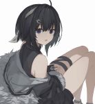  1girl :d arknights bare_shoulders black_eyes black_hair commentary feather_hair fingerless_gloves from_behind fur-trimmed_jacket fur_trim gloves hair_ornament hairclip highres iwagmo jacket la_pluma_(arknights) looking_at_viewer looking_back off_shoulder shoes simple_background sitting smile solo white_background 