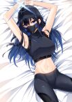  1girl absurdres armpits arms_up bare_arms bare_shoulders baseball_cap bed_sheet black_headwear black_pants black_shirt blue_archive blue_eyes blue_hair breasts commentary_request cowboy_shot crop_top hair_between_eyes hat highres kipdrew large_breasts leggings long_hair looking_at_viewer lying mask midriff mouth_mask navel on_back pants saori_(blue_archive) shirt sleeveless sleeveless_shirt solo stomach thighs 