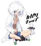  1girl ahoge beaker black_socks blue_eyes blue_skirt blush brown_sweater coffee collared_shirt commentary_request copyright_name cup glasses highres holding holding_cup indian_style kagaku_chop lab_coat light_blush long_sleeves looking_at_viewer loose_socks messy_hair mug off_shoulder open_mouth pleated_skirt popped_collar sanpaku semi-rimless_eyewear shirt shoes short_hair simple_background sitting skirt smile socks solo suzuzono_sai sweater translated upturned_eyes uwabaki white_background white_hair white_shirt yachima_tana 