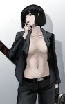  1girl absurdres badnick69_(camchi) belt black_belt black_gloves black_hair black_jacket black_pants blunt_bangs bob_cut breasts cigarette collar commentary_request cowboy_shot gloves gradient_background highres holding holding_sword holding_weapon jacket korean_commentary lapels limbus_company long_sleeves medium_breasts naked_jacket notched_lapels open_mouth pants project_moon ryoshu_(limbus_company) shadow sheath sheathed short_hair single_glove smoke smoking solo standing sword teeth upper_teeth_only weapon white_background 