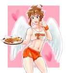  &lt;3 2020 angel blush bottomwear brown_hair bulge clothing feathered_wings feathers food fries girly hair hi_res hooters humanoid kid_icarus light_body light_skin male navel nintendo not_furry open_mouth open_smile pit_(kid_icarus) shorts simple_background smile soft_sizzle solo wings 