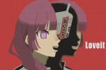  1girl @_@ absurdres alcohol alcohol_carton bocchi_the_rock! commentary dorarin english_commentary english_text highres hiroi_kikuri loveit_(vocaloid) parody portrait purple_eyes purple_hair red_background sake sharp_teeth simple_background solo song_name split_head teeth 