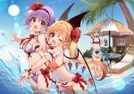  3girls bat_wings bikini black_bikini black_wings blonde_hair blue_eyes braid breasts cleavage crystal drink drinking_straw flandre_scarlet grey_hair izayoi_sakuya kirero large_breasts long_hair maid maid_headdress medium_breasts multiple_girls navel one_side_up palm_tree pointy_ears purple_bikini purple_hair red_bikini red_eyes remilia_scarlet short_hair siblings sisters swimsuit touhou tree twin_braids water wings wrist_cuffs 