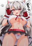  1girl animal_ears ass_visible_through_thighs azur_lane belt blush bow bow_panties breasts cameltoe claw_pose crop_top fang fingerless_gloves gloves grey_hair groin highres kei_fukamiki large_breasts long_hair microskirt multicolored_nails navel open_mouth panties paw_print paw_print_background pink_eyes side-tie_panties simple_background skirt slit_pupils smile solo tail thick_eyebrows underboob underwear very_long_hair white_panties wolf_ears wolf_girl wolf_tail wrist_cuffs yuudachi_(azur_lane) 