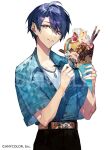  1boy belt belt_buckle black_pants blue_hair blue_jacket brown_belt buckle cake cake_slice chain_necklace cherry chocolate copyright cowboy_shot dark_blue_hair food fruit hair_between_eyes harusaki_air holding holding_food holding_ice_cream holding_spoon ice_cream ice_cream_cone jacket jewelry looking_at_viewer mole mole_under_eye mura_karuki necklace nijisanji official_art pants parted_lips partially_unbuttoned pocky pudding purple_eyes sample_watermark shirt short_hair short_sleeves simple_background smile solo spoon sprinkles strawberry strawberry_shortcake virtual_youtuber whipped_cream white_background white_shirt 