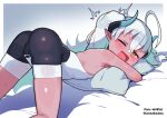  1girl ass bare_shoulders bed blue_archive blush breasts cameltoe demon_girl demon_horns flat_chest highres horns leonat long_hair looking_at_viewer multicolored_hair on_bed one_eye_closed open_mouth pointy_ears smile solo sumomo_(blue_archive) yellow_eyes 