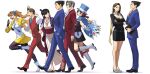  3boys 4girls ace_attorney apollo_justice athena_cykes black_dress black_footwear black_hair black_pantyhose blazer blue_headwear blue_jacket blue_pants book boots brown_hair club_(shape) diamond_(shape) dress formal fuse_takuro geta gloves green_necktie hair_ribbon hands_in_pockets hat heart high_heels highres holding holding_book jacket jewelry jumping knee_boots long_hair long_sleeves magatama magatama_necklace maya_fey mia_fey miles_edgeworth miniskirt multiple_boys multiple_girls necklace necktie obi official_art pants pantyhose phoenix_wright pleated_skirt red_hair red_jacket red_necktie red_pants red_scarf red_suit ribbon running sandals sash scarf second-party_source shirt simple_background skirt sleeveless sleeveless_jacket spade_(shape) spiked_hair suit top_hat trucy_wright vest white_background white_gloves white_shirt yellow_jacket yellow_skirt 