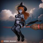  3d_(artwork) absurd_res anthro black_clothing boots breasts broom broom_riding butt cleaning_tool clothing digital_media_(artwork) felid female fly_(disambiguation) footwear hair halloween_costume hat headgear headwear hi_res holidays lingerie magic_user mammal momo_(monarquis) monarquis nipple_outline pantherine red_hair snow_leopard solo witch witch_costume witch_hat 