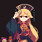  3girls 4qw5 arm_up black_dress blonde_hair breasts brown_background chibi closed_mouth clownpiece dark_background dress expressionless gold_trim hat hecatia_lapislazuli jester_cap jitome junko_(touhou) long_hair looking_at_viewer medium_breasts multiple_girls phoenix_crown pixel_art polos_crown solo_focus tabard touhou v very_long_hair wide_sleeves 