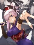  1boy 1girl absurdres blue_eyes blue_kimono blush breasts detached_sleeves fate/grand_order fate_(series) genshu_doki grin hair_ornament highres japanese_clothes katana kimono large_breasts long_hair looking_at_viewer miyamoto_musashi_(fate) obi open_mouth outstretched_arm pink_hair ponytail sash short_kimono sleeveless sleeveless_kimono smile swept_bangs sword v weapon 
