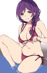  1girl bikini bow braid braided_ponytail breasts clenched_teeth duke_(inu_daimyou) green_eyes hair_bow large_breasts long_hair looking_at_viewer love_live! love_live!_school_idol_project navel partially_submerged pink_bow purple_hair red_bikini side-tie_bikini_bottom smile solo swimsuit teeth thighs toujou_nozomi water 