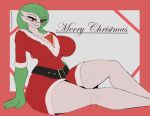  3_fingers artist_name belt big_breasts biped bite biting_lip biting_own_lip black_pupils border breasts christmas christmas_clothing cleavage clothed clothing dress english_text eyebrows eyelashes eyewear fan_character female fingers gardevoir generation_3_pokemon glasses green_body green_hair green_skin hair hi_res holidays humanoid looking_at_viewer nintendo not_furry pokemon pokemon_(species) pupils red_border red_clothing red_dress red_eyes runawaystride side_view simple_background sitting slit_pupils solo text thick_thighs tight_clothing white_background white_body white_skin wide_hips 