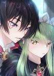  1boy 1girl absurdres black_fur black_hair blush budgiepon c.c. close-up coat code_geass commentary cosplay expressionless eyes_visible_through_hair fur-trimmed_coat fur_trim genshin_impact green_hair hair_between_eyes heads_together hetero highres lelouch_vi_britannia light_particles long_hair looking_at_another lower_teeth_only nose parted_lips purple_eyes sandrone_(genshin_impact) sandrone_(genshin_impact)_(cosplay) short_hair sidelocks teeth white_headdress yellow_eyes 