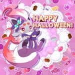  1other absurdres blueberryblanket clothed_pokemon english_commentary food halloween highres hisuian_zoroark no_humans pink_background pokemon pokemon_(creature) simple_background sweets zorua 