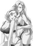  2girls absurdres bare_arms bare_shoulders bra breasts cleavage cowboy_shot facial_mark forehead_mark greyscale hair_over_one_eye hairband haruno_sakura highres long_hair medium_breasts medium_hair meoowwxx monochrome multiple_girls naruto_(series) navel panties parted_bangs parted_lips sketch thighhighs thighs underwear white_background yamanaka_ino yuri 