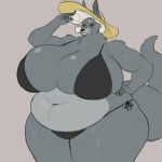  anthro aurele_(blueryker) big_breasts bikini black_sclera blueryker breasts canid canine canis cleavage clothed clothing female hair hi_res huge_breasts jackal looking_at_viewer mammal mature_anthro mature_female overweight overweight_anthro overweight_female solo swimwear thick_thighs white_hair wide_hips 