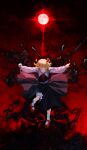  1girl absurdres black_vest blonde_hair blood blood_on_hands bloomers closed_eyes darkness fang frilled_shirt_collar frills hair_ribbon highres long_sleeves moon nettian51 red_footwear red_moon red_ribbon ribbon rumia shirt solo touhou underwear vest white_shirt 