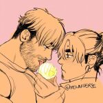  2boys bara beard blush couple eye_contact facial_hair from_side goatee_stubble hair_between_eyes half-closed_eyes holding_another&#039;s_arm ice_cream_cone large_pectorals licking looking_at_another luke_(mewniverse) magnum_opus_(mewniverse) male_focus mature_male mewniverse multiple_boys multiple_monochrome muscular muscular_male mustache pectorals pink_background sam_(mewniverse) sexually_suggestive short_hair sideburns spot_color thick_eyebrows undercut upper_body yaoi 